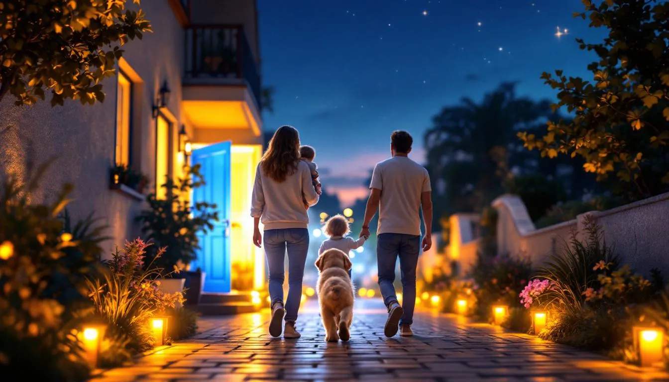 행복한 가족과 반려동물이 함께 밝은 미래를 향해 나아가는 모습.