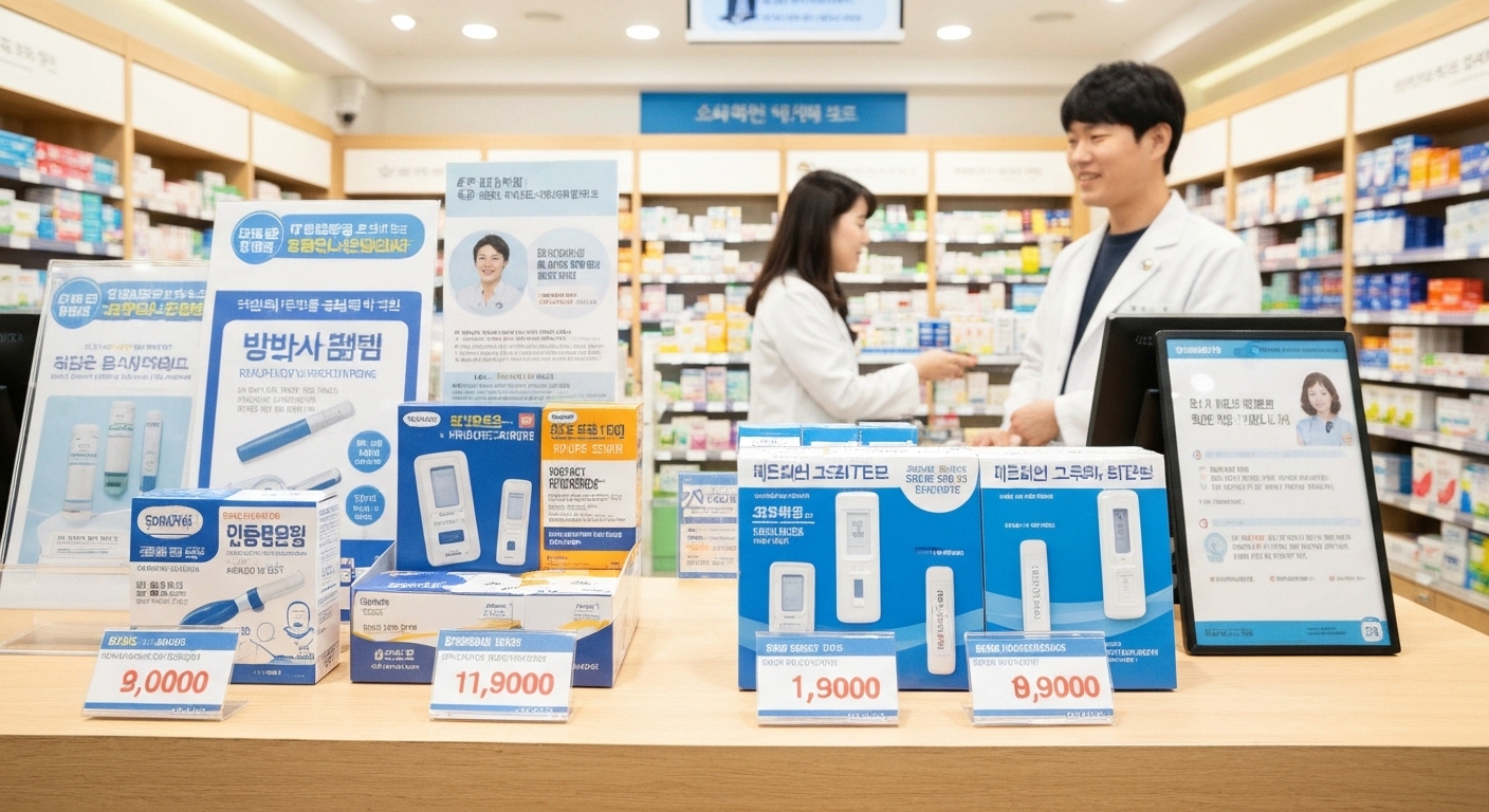 한국 약국 진열대에서 판매중인 독감 자가진단 키트와 보험 적용 관련 정보