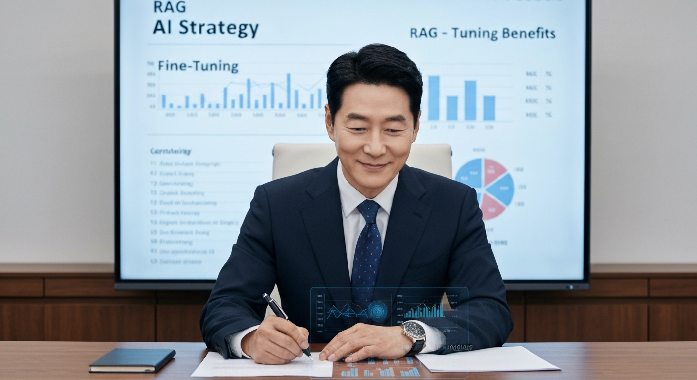 RAG와 파인튜닝 전략 선택을 고민하는 한국 기업 임원의 모습