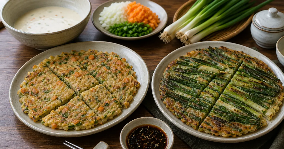 부침개와 파전을 나란히 놓고 잘게 섞은 재료와 길게 올린 파 구성을 비교한 한식 점심 상차림