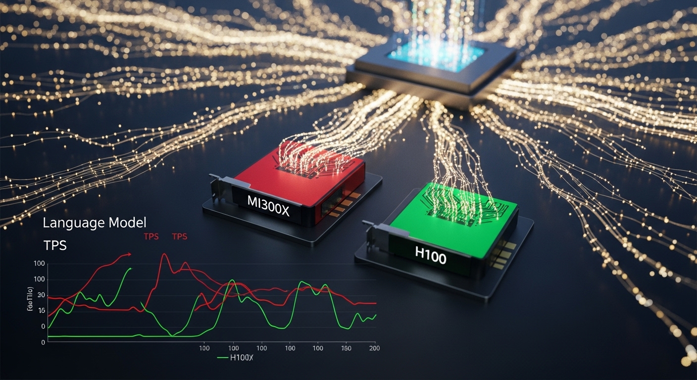 대규모 배치 처리에서 MI300X가 H100보다 높은 초당 토큰 처리량을 보이는 모습