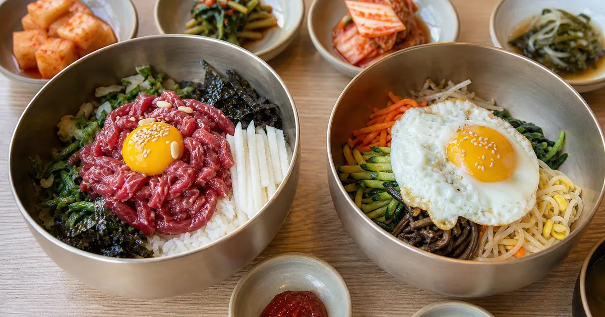 육회비빔밥과 일반 비빔밥을 나란히 놓아 생고기 고명과 나물 구성을 비교한 한식 점심 상차림