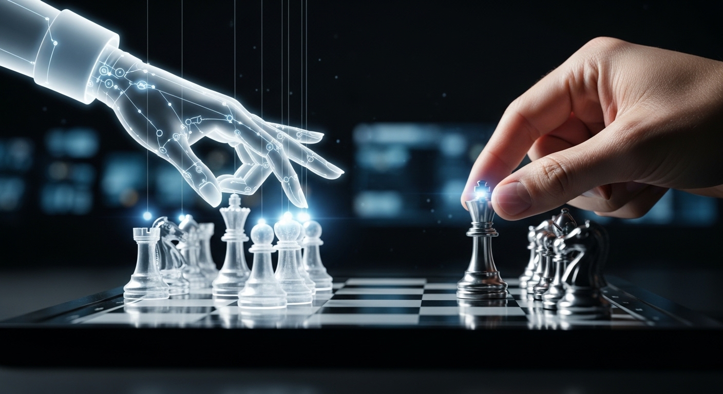 AI와 인간이 체스를 두며 예측적 방어의 패러다임 전환을 상징하는 이미지