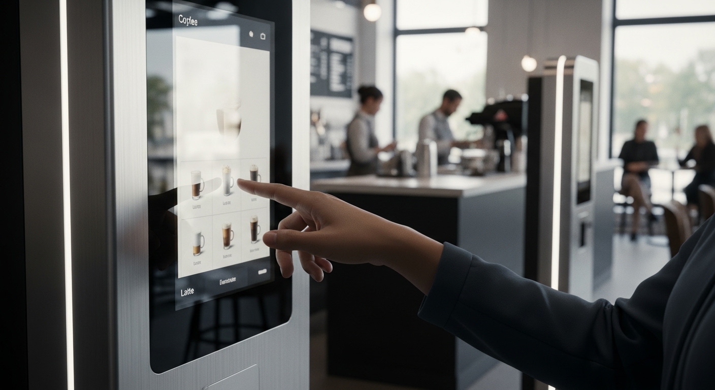 한 고객이 카페에 설치된 최신 키오스크를 사용하여 주문하는 모습
