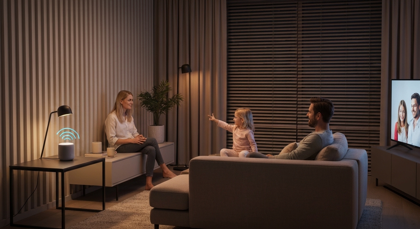 한 가족이 거실에서 말 한마디로 조명을 어둡게 하고 TV를 켜는 등 편리한 음성 제어 기능을 사용하는 모습