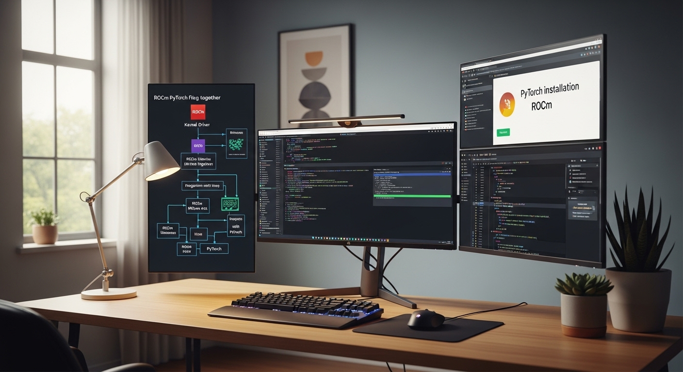 ROCm 및 PyTorch 설치 코드가 보이는 모니터가 있는 깔끔한 개발자 작업 환경