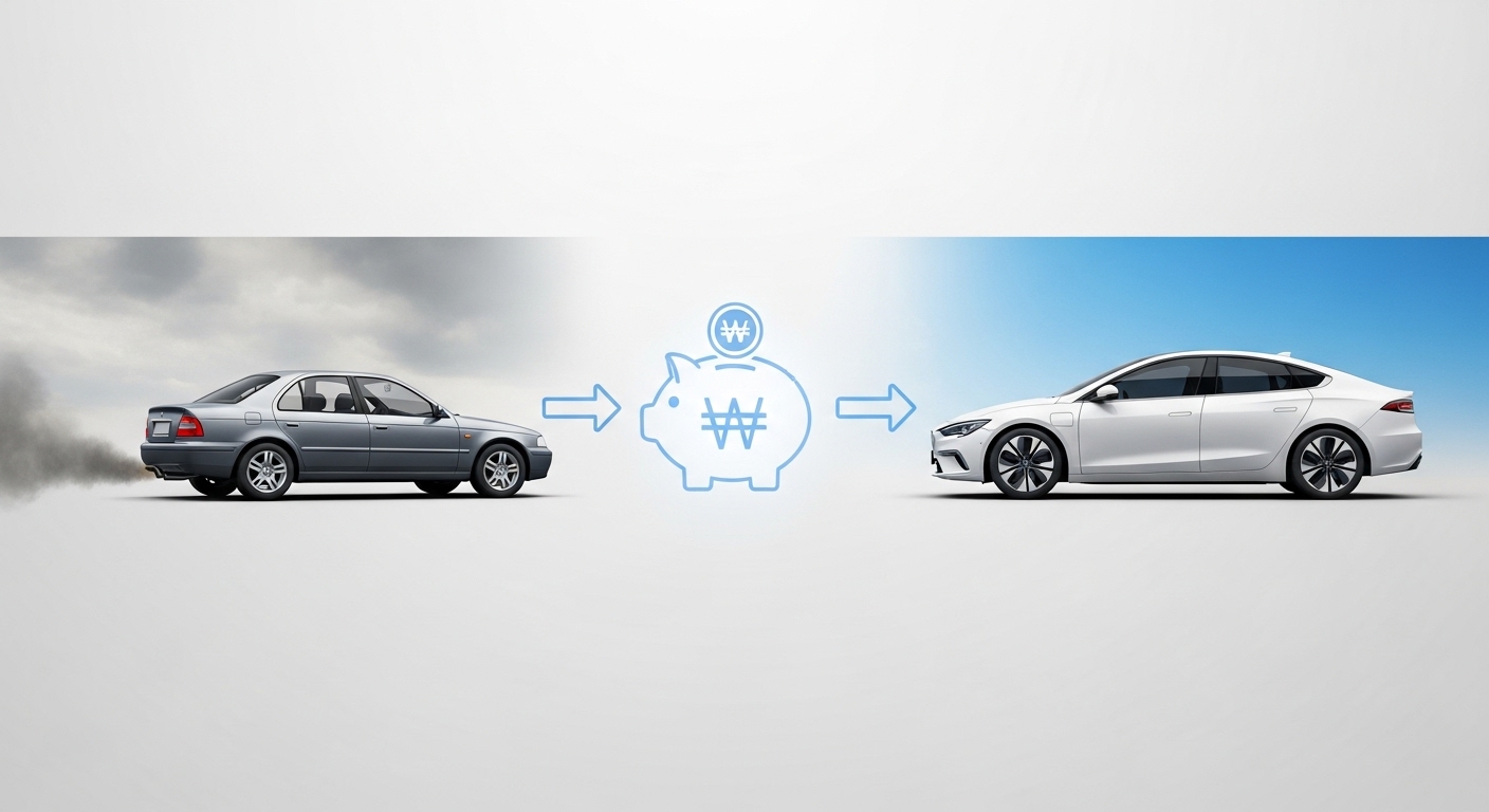 조기폐차 지원금 제도의 개념을 설명하는 이미지. 낡은 경유차가 친환경차로 바뀌며 지원금을 받는 과정을 시각화.