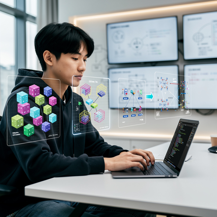 파이토치 학습 단계별 로드맵을 표현하는 한국인 개발자 작업 모습