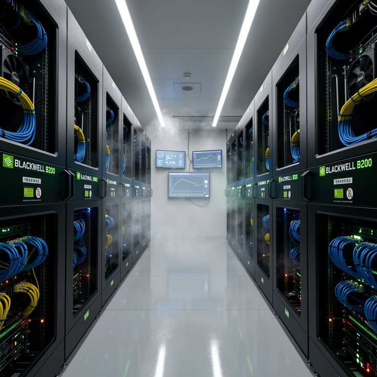 한국 배경의 Nvidia Blackwell B200 GPU가 장착된 딥러닝 서버실