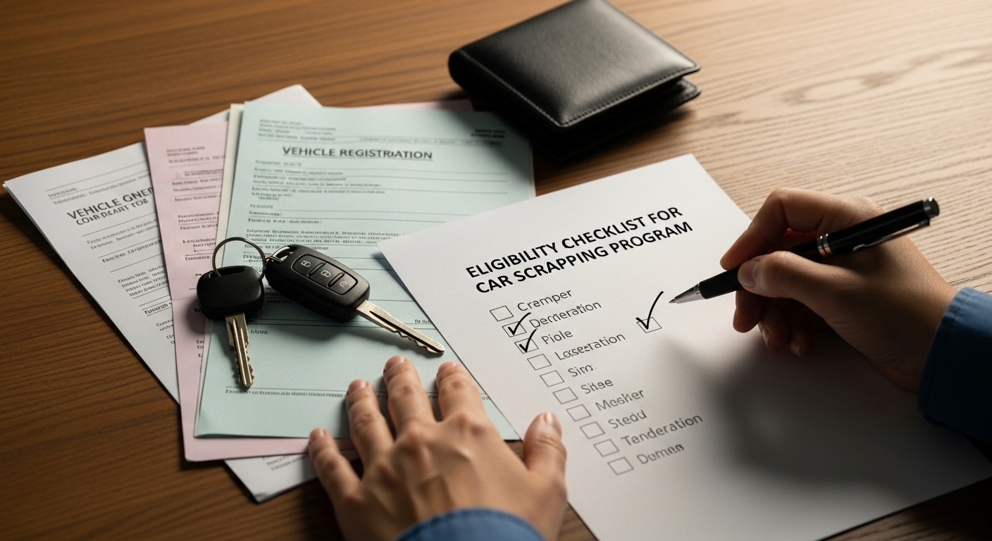 책상 위에서 조기폐차 지원금 신청 자격 조건을 체크리스트로 확인하는 손.