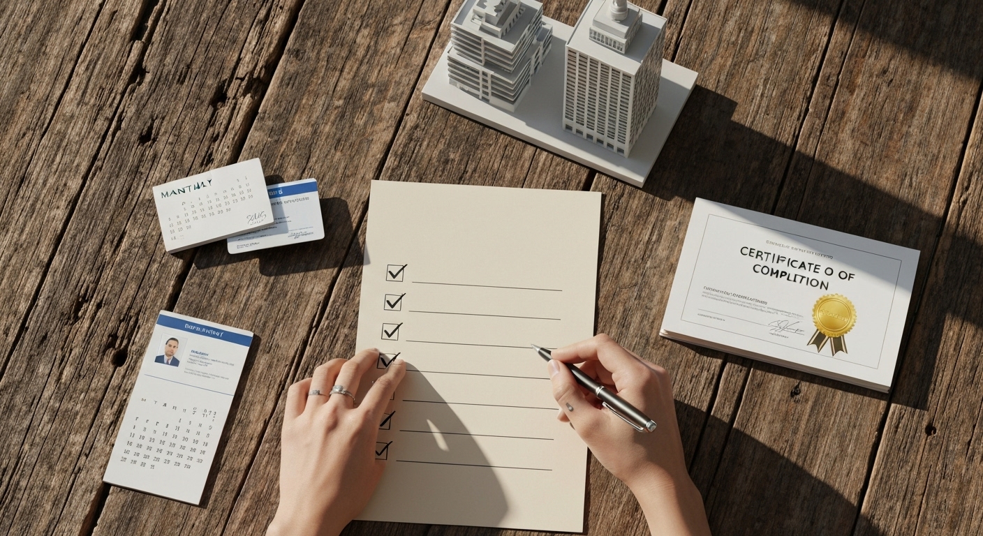 귀농 지원금 공통 자격 요건을 상징하는 아이콘들이 그려진 체크리스트를 확인하는 모습