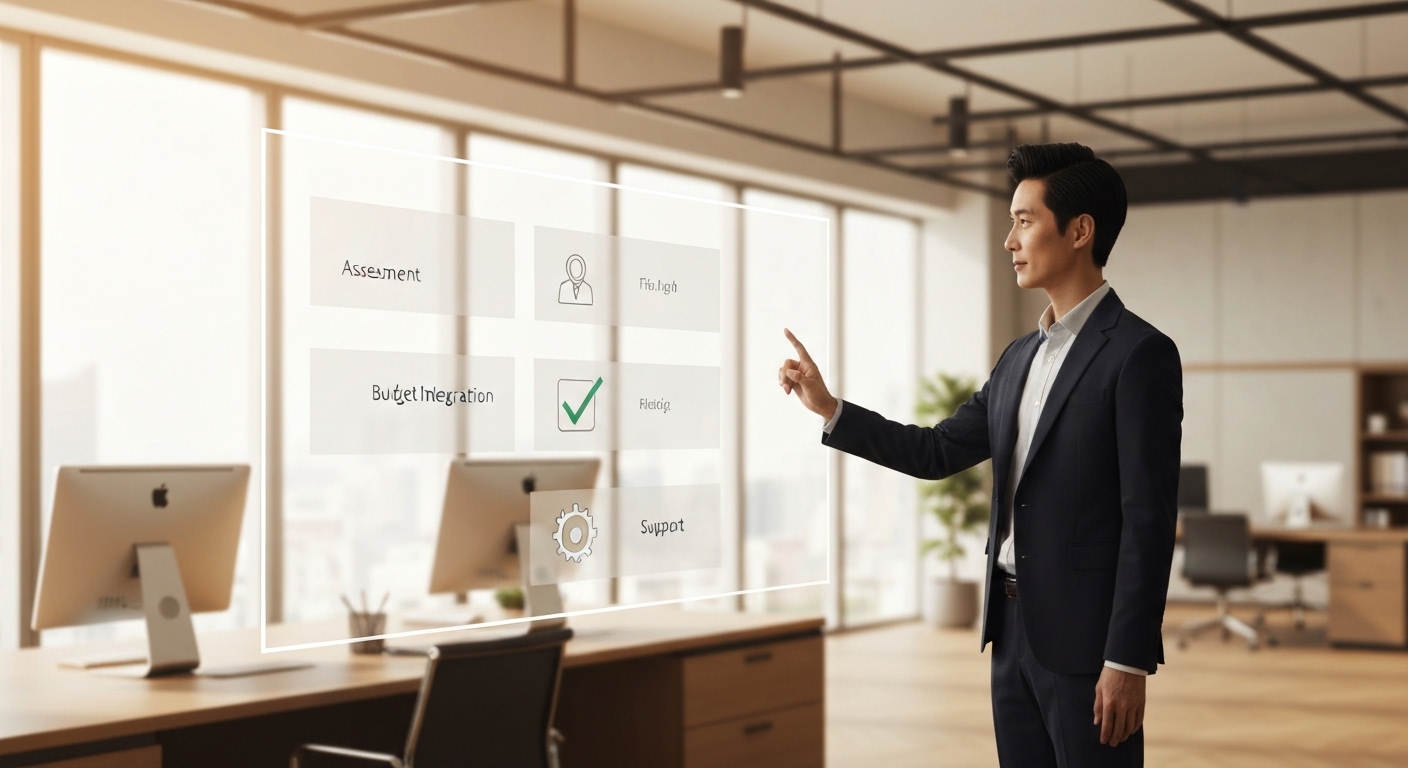 비즈니스 전문가가 보안 현황 진단, 예산, 통합성, 기술 지원의 4단계 체크리스트를 검토하며 솔루션을 선택하는 이미지