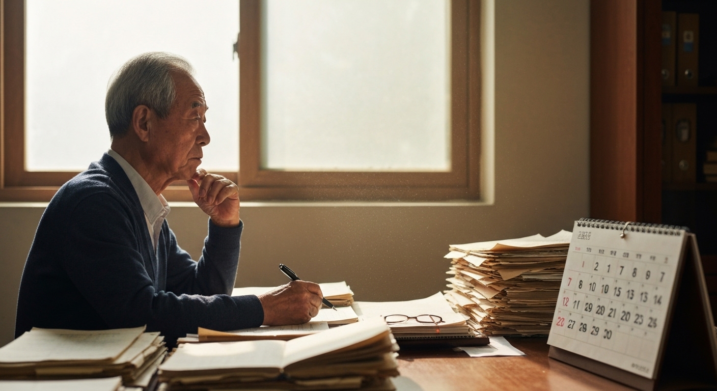 오래된 서류를 앞에 두고 창밖을 바라보며 생각에 잠긴 국가유공자의 모습