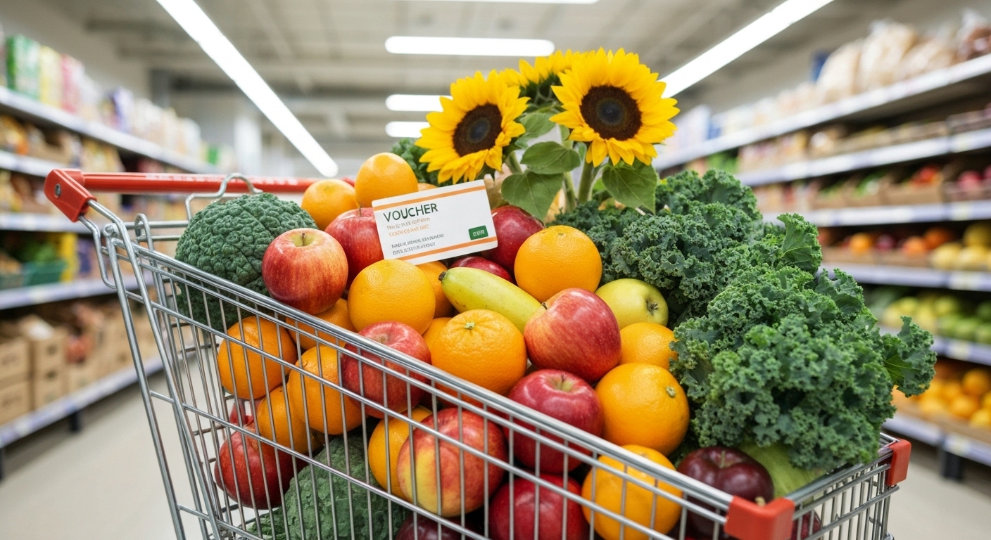 신선한 국산 과일 채소 등으로 가득 찬 장바구니에 농식품바우처 카드가 놓여 있는 모습