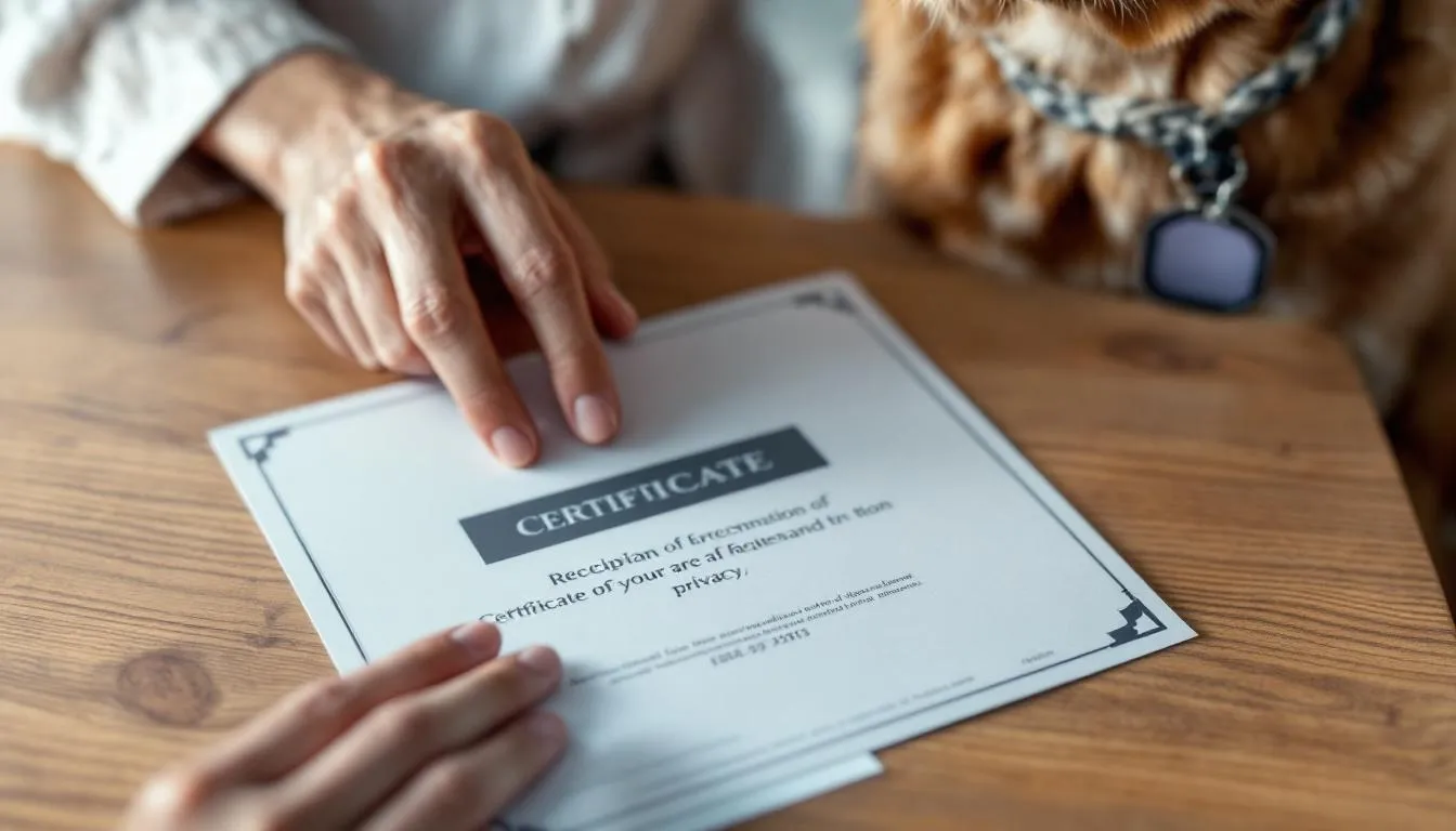 기초생활수급자 증명서와 동물등록 태그를 보여주는 반려동물의 모습.