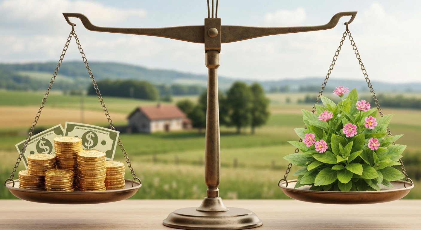 성공적인 귀농을 위한 재정적 비재정적 지원을 비교하는 저울.