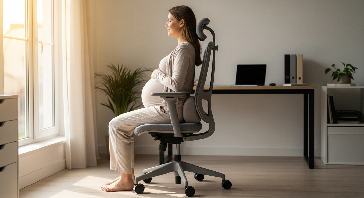 의자에 허리를 펴고 바른 자세로 앉아있는 임산부