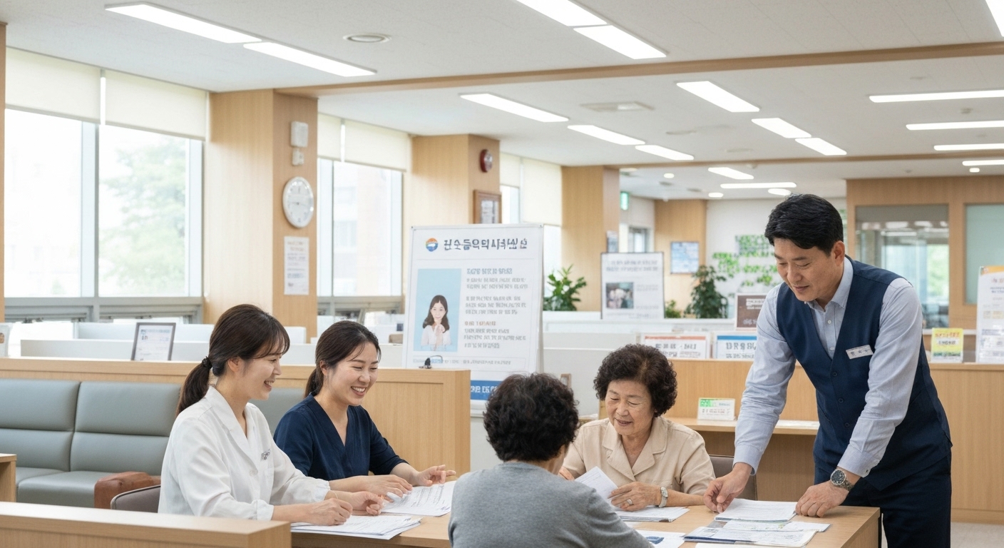 한국 복지 행정복지센터에서 간병 지원 제도 관련 상담을 받고 있는 노인 고객과 직원