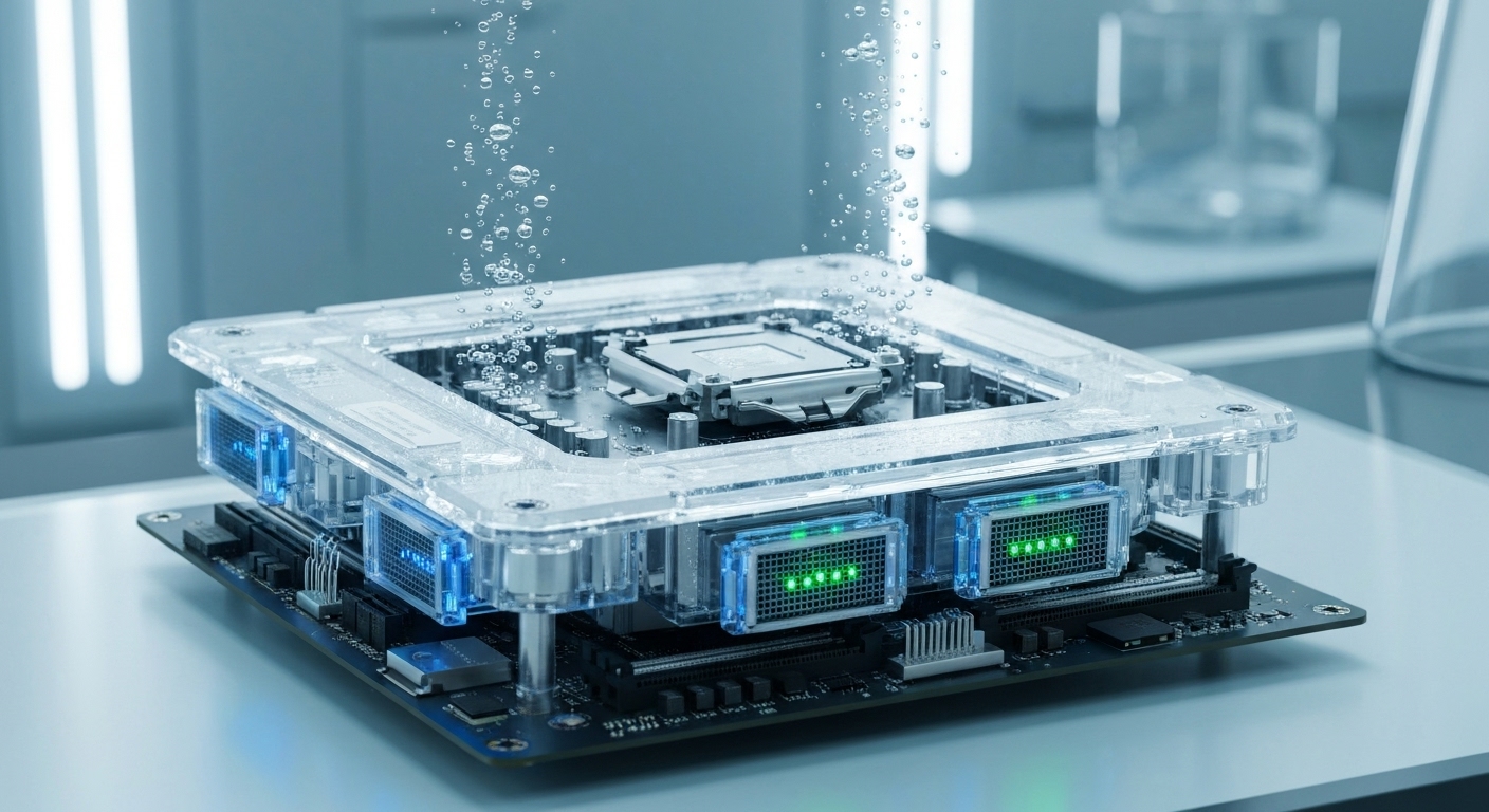 특수 용액에 잠겨 있는 차세대 액침 냉각 서버의 모습