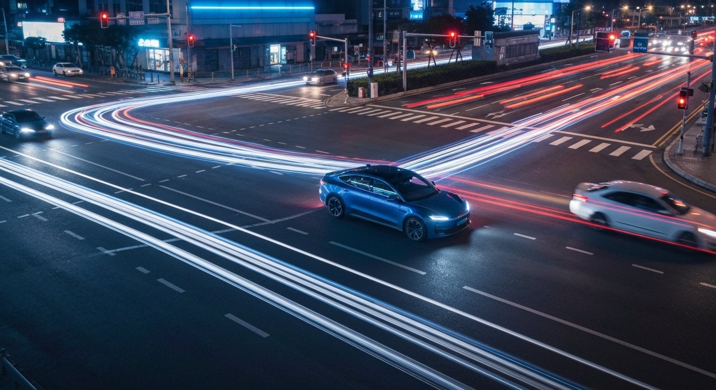 5G 통신을 통해 주변 차량 및 인프라와 통신하는 자율주행 자동차