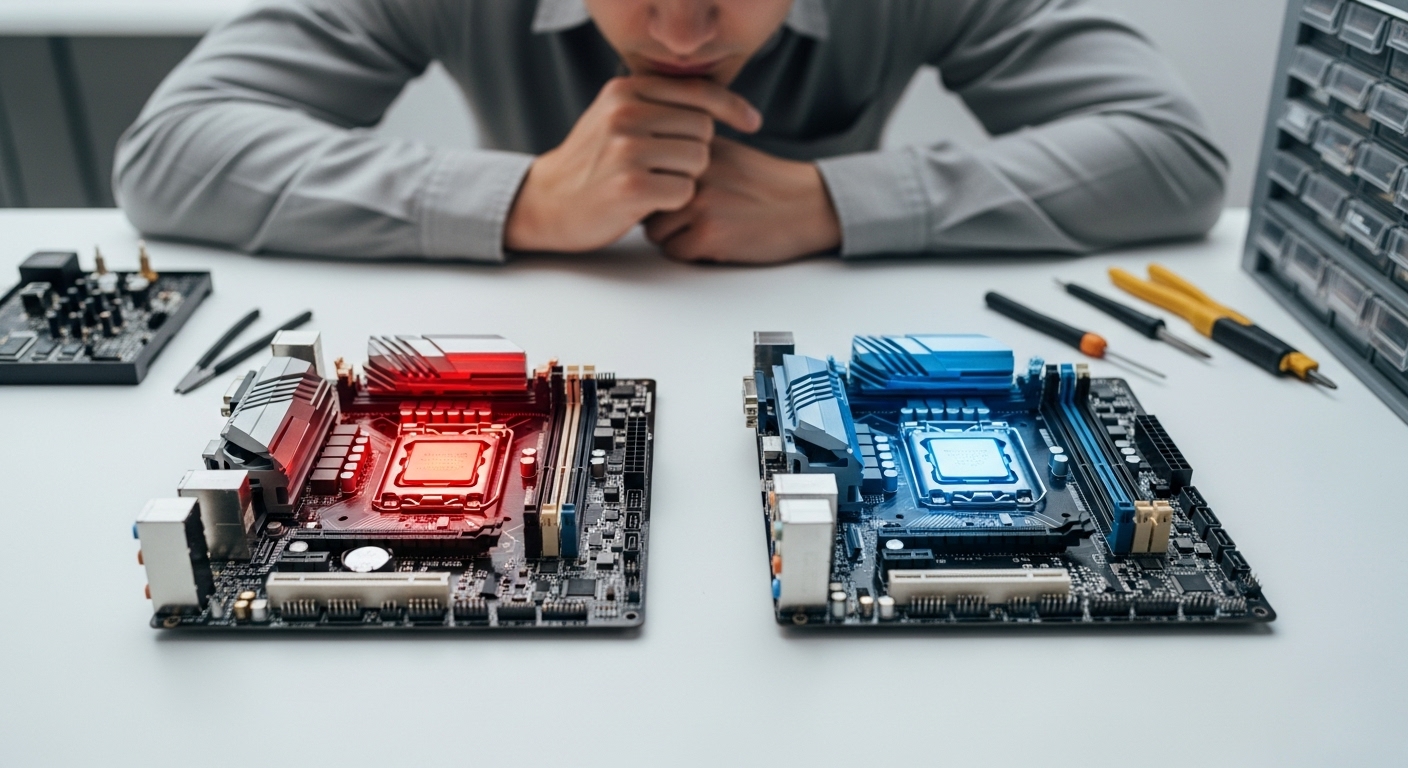 사용자가 AMD와 인텔 CPU가 장착된 두 개의 메인보드 중 하나를 고르며 고민하는 모습
