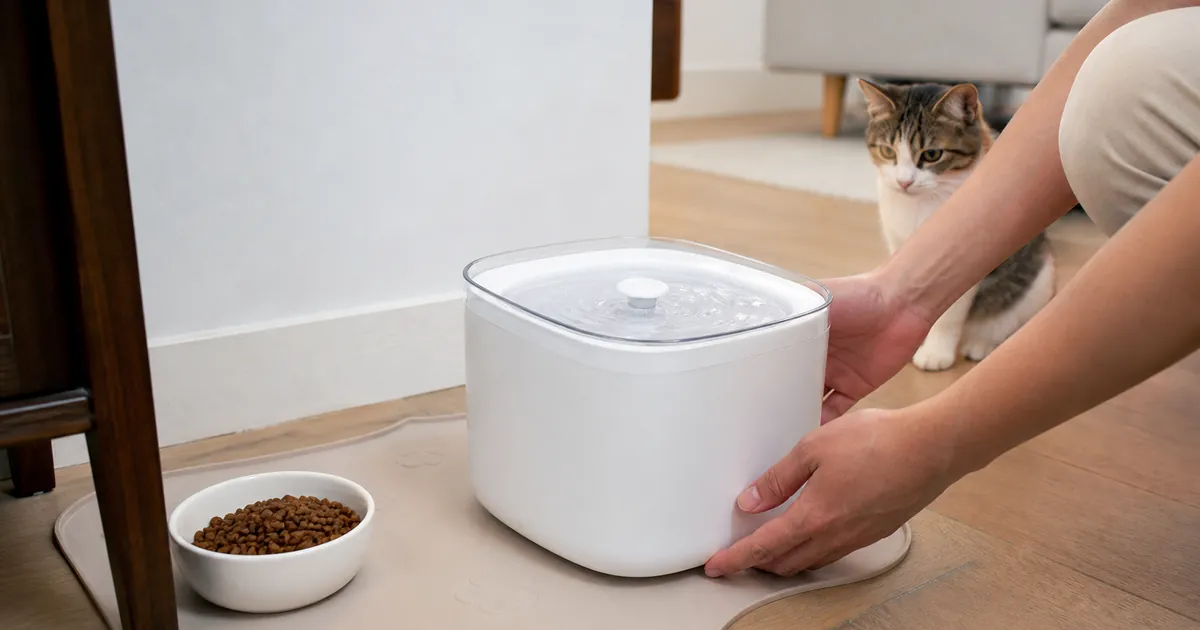 고양이 급수 공간에 무선 정수기를 놓고 위치를 맞추는 사용 장면 예시