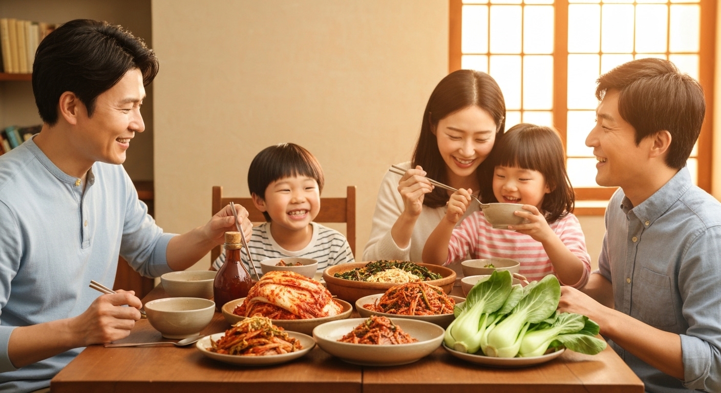 따뜻한 식탁에서 신선한 국산 농산물을 즐기는 행복한 가족의 모습