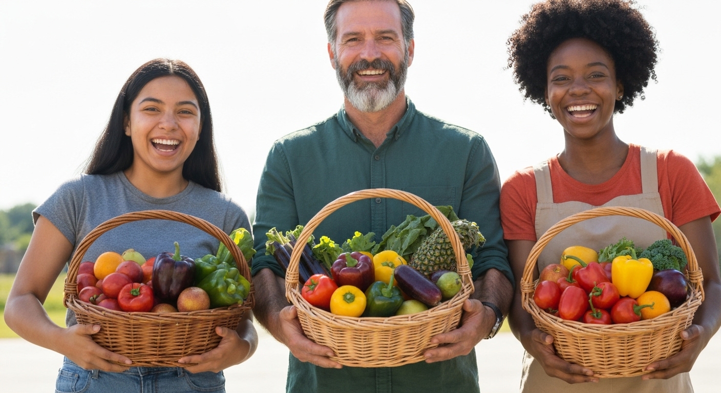 다양한 사람들이 신선한 농산물을 들고 행복하게 웃는 모습. 건강한 먹거리와 지원을 상징합니다.