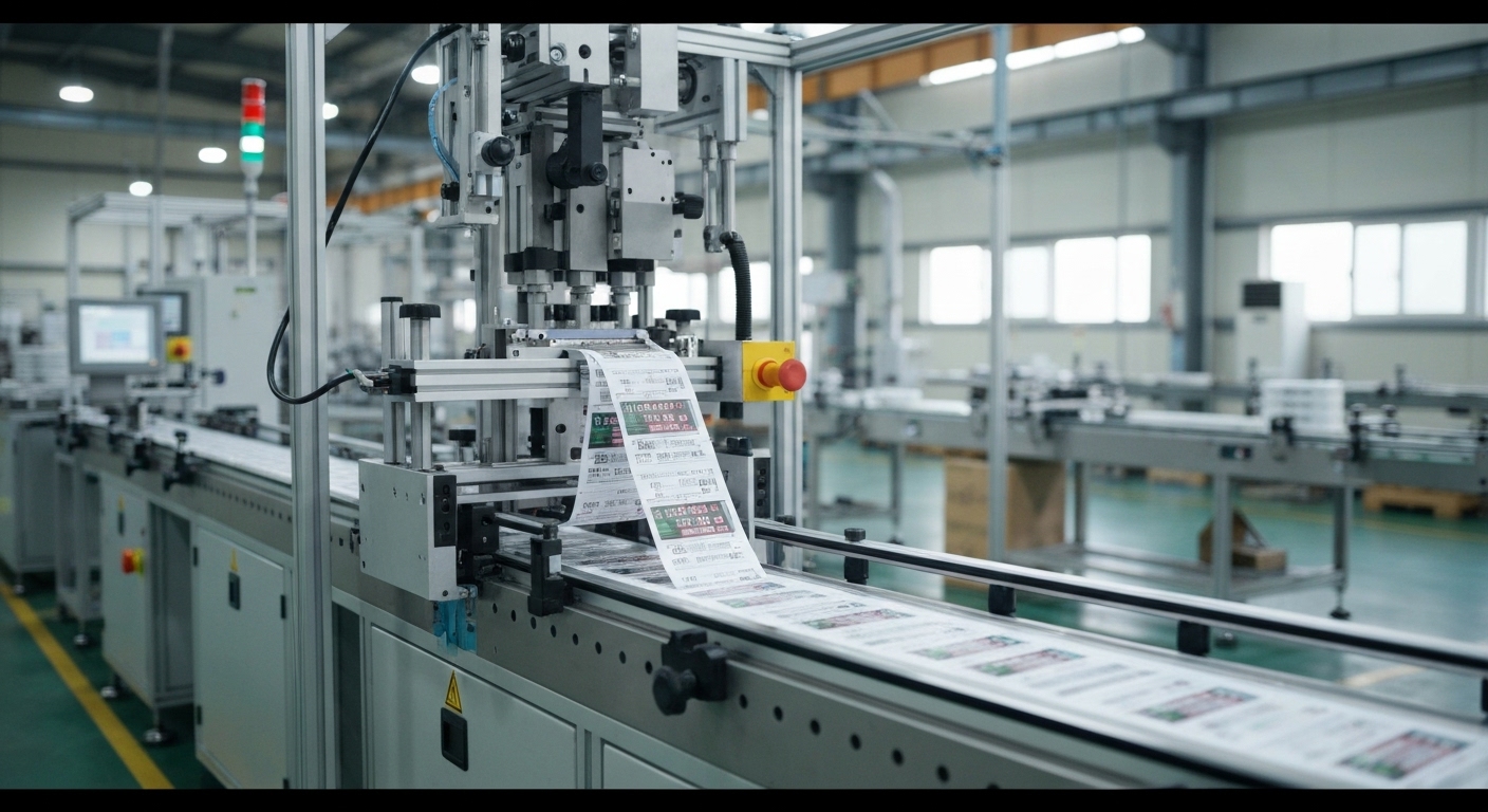 산업 현장에서 라벨부착기가 제품에 라벨을 정확하게 부착하는 모습