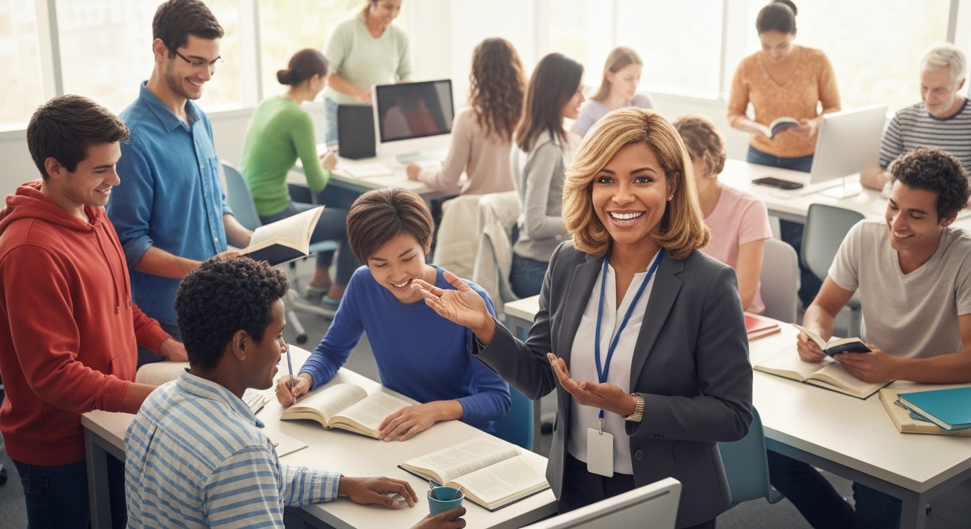 다양한 연령대의 사람들이 함께 배우고 성장하는 모습과 그들을 지도하는 평생교육사의 모습