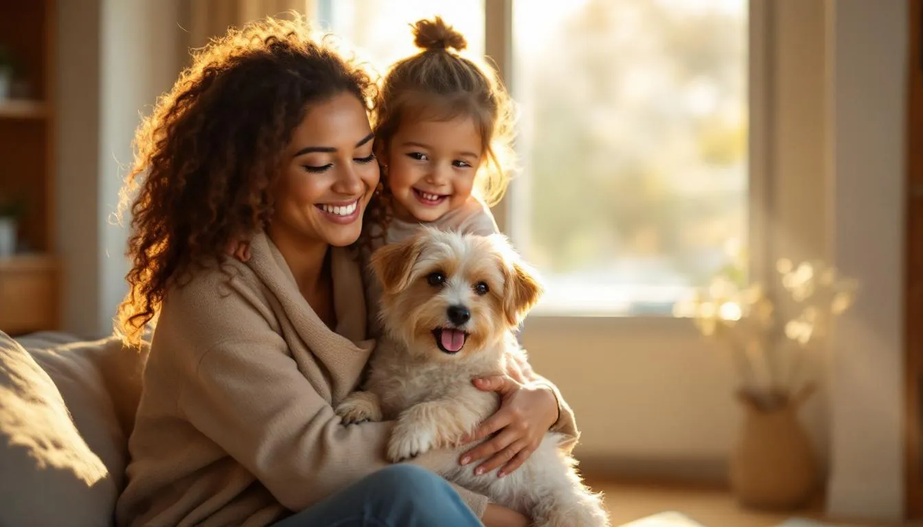 저소득층 가족이 반려동물과 함께 행복하게 교감하는 모습.