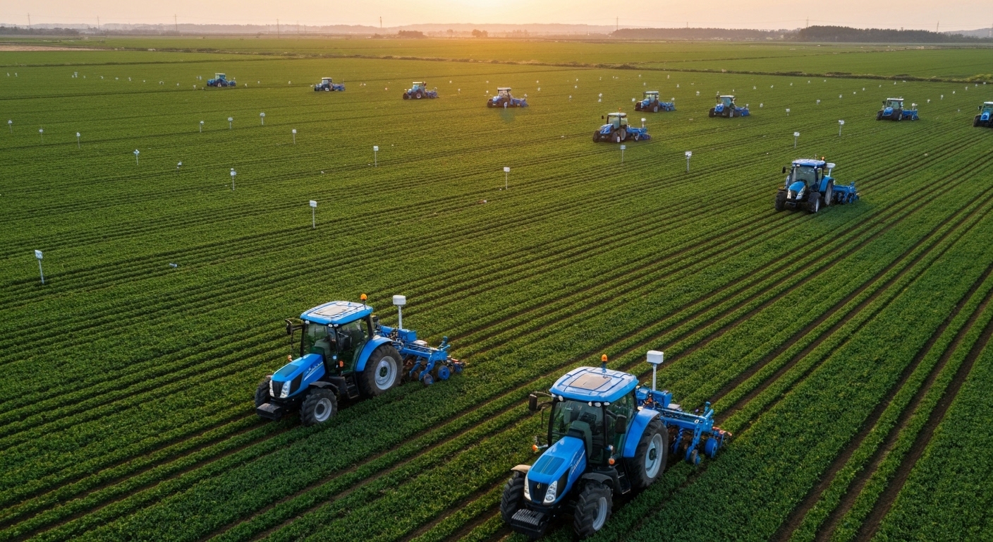 노지형 스마트팜에서 드론과 자율주행 농기계가 작동하는 모습