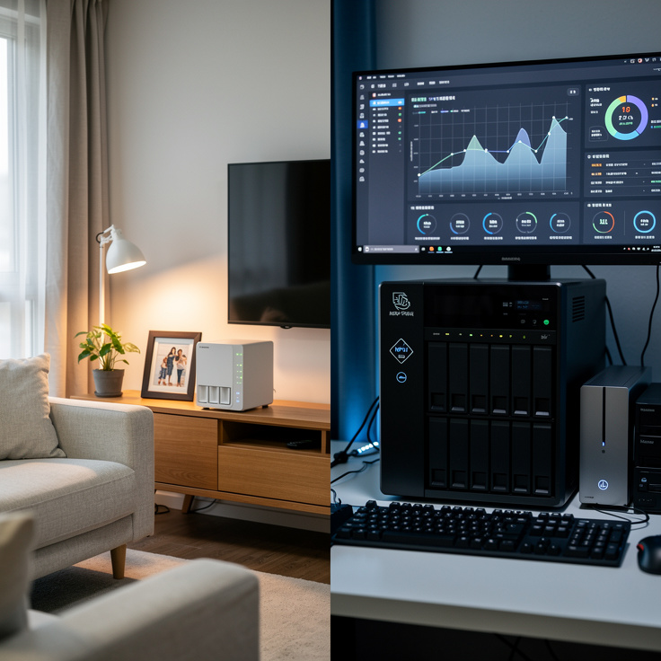 한국 가정에서 입문자용 저가형 NAS와 고급형 NPU 탑재 NAS를 비교하는 이미지