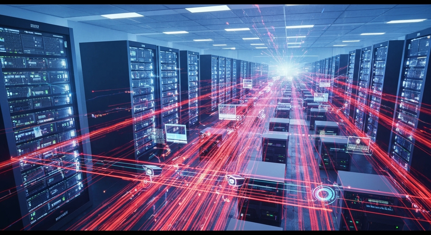 한국 데이터 센터에서 IoT 봇넷 공격이 대규모 DDoS 공격을 유발하는 모습