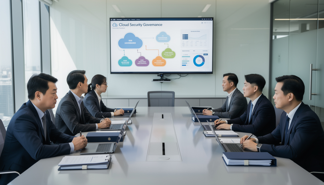 클라우드 보안 거버넌스 수립을 논의하는 한국 기업 회의 장면