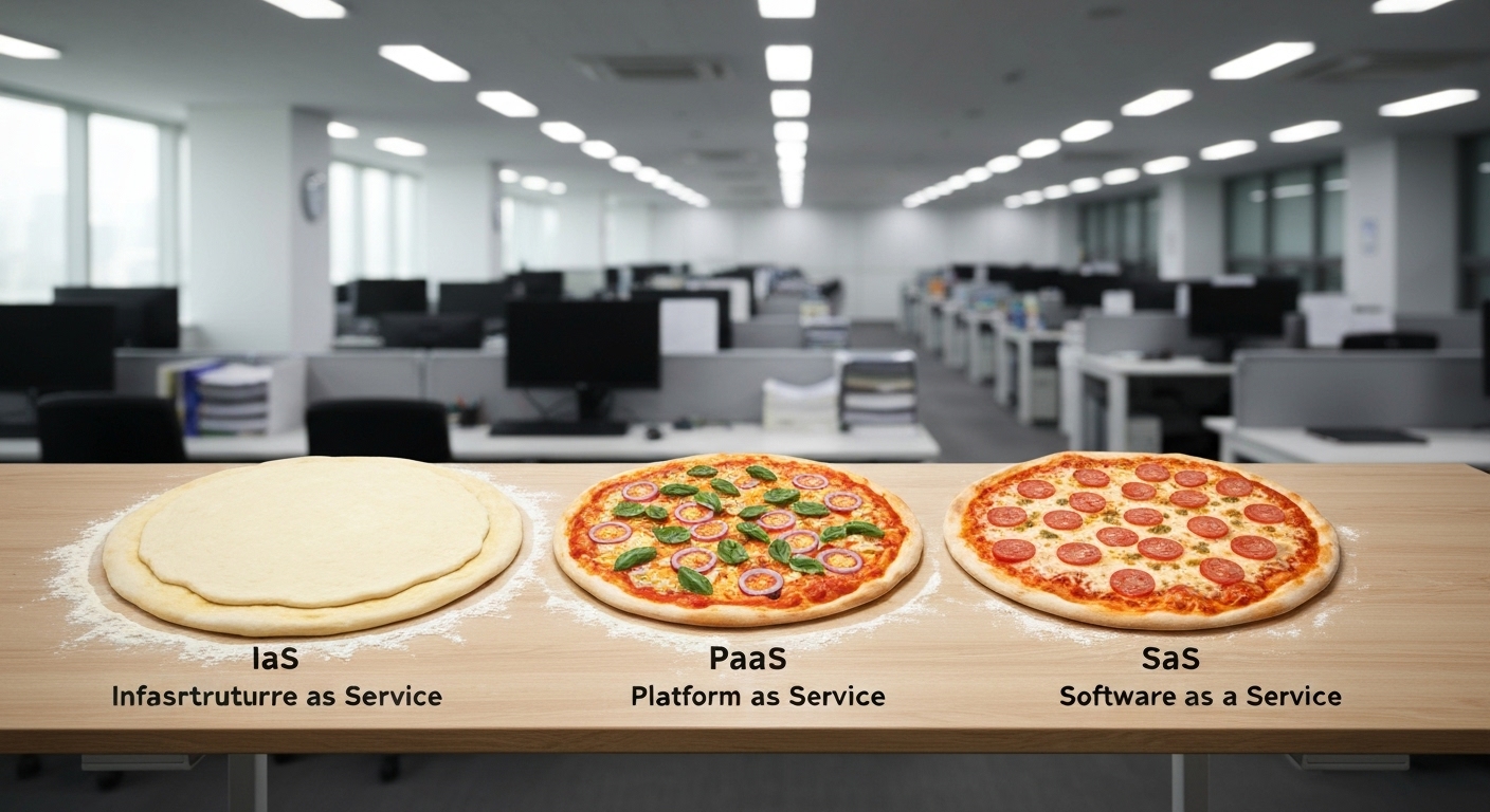 IaaS, PaaS, SaaS 클라우드 서비스 모델을 피자 비유로 설명하는 이미지