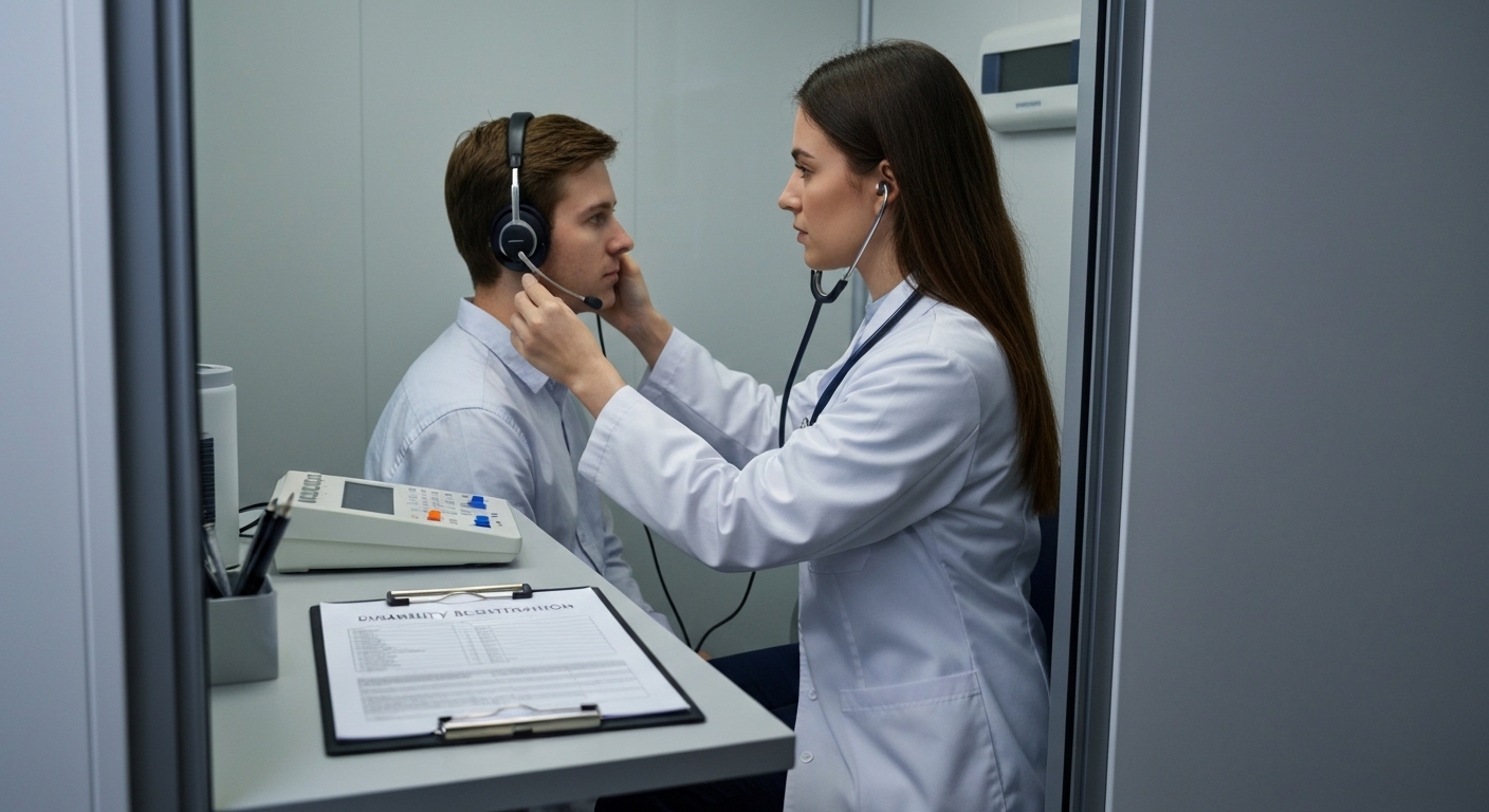 이비인후과에서 순음청력검사를 받는 환자와 의료 전문가의 모습.