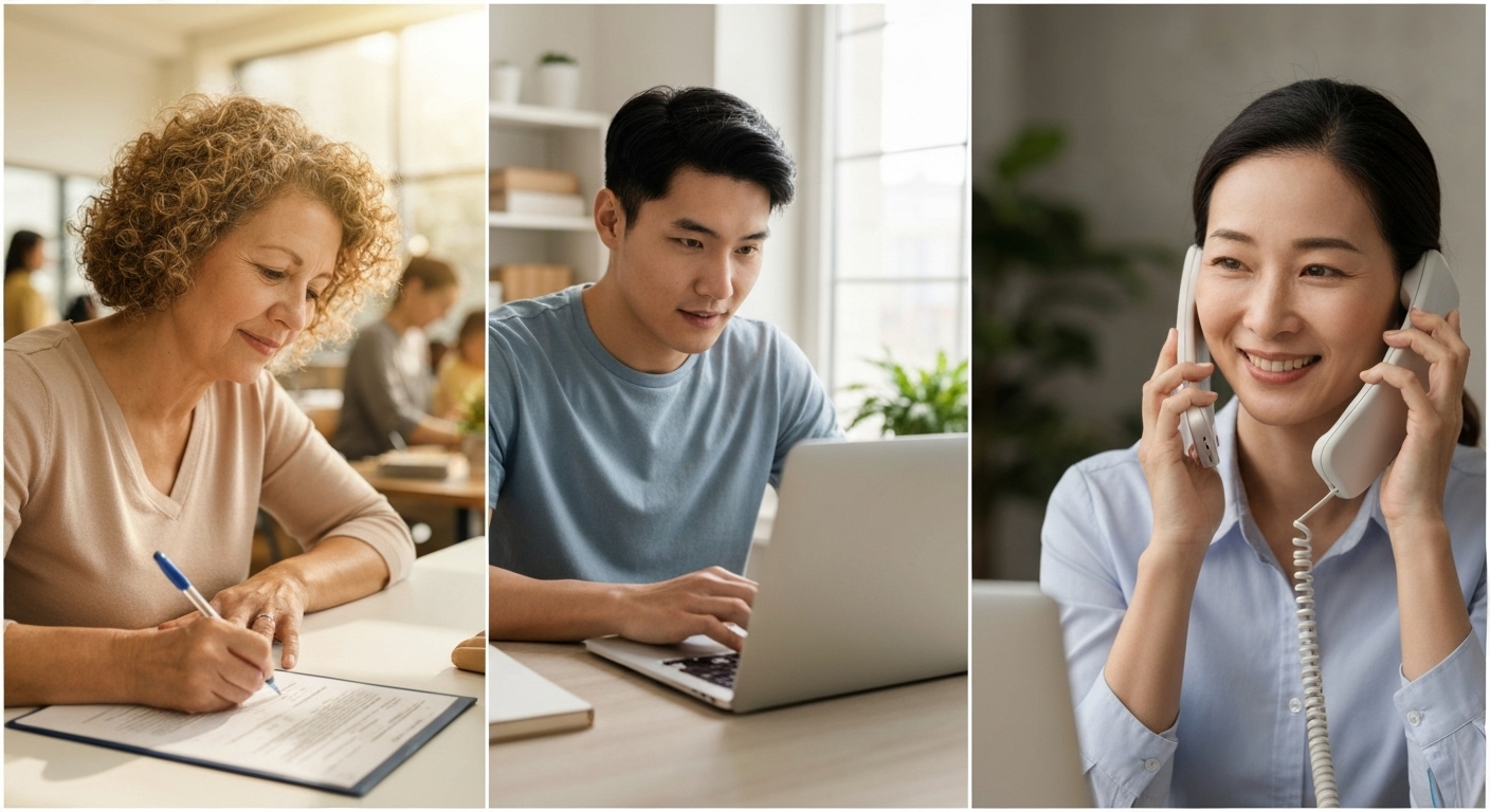 행정복지센터 방문 온라인 웹사이트 전화 등 다양한 농식품바우처 신청 방법을 나타내는 이미지