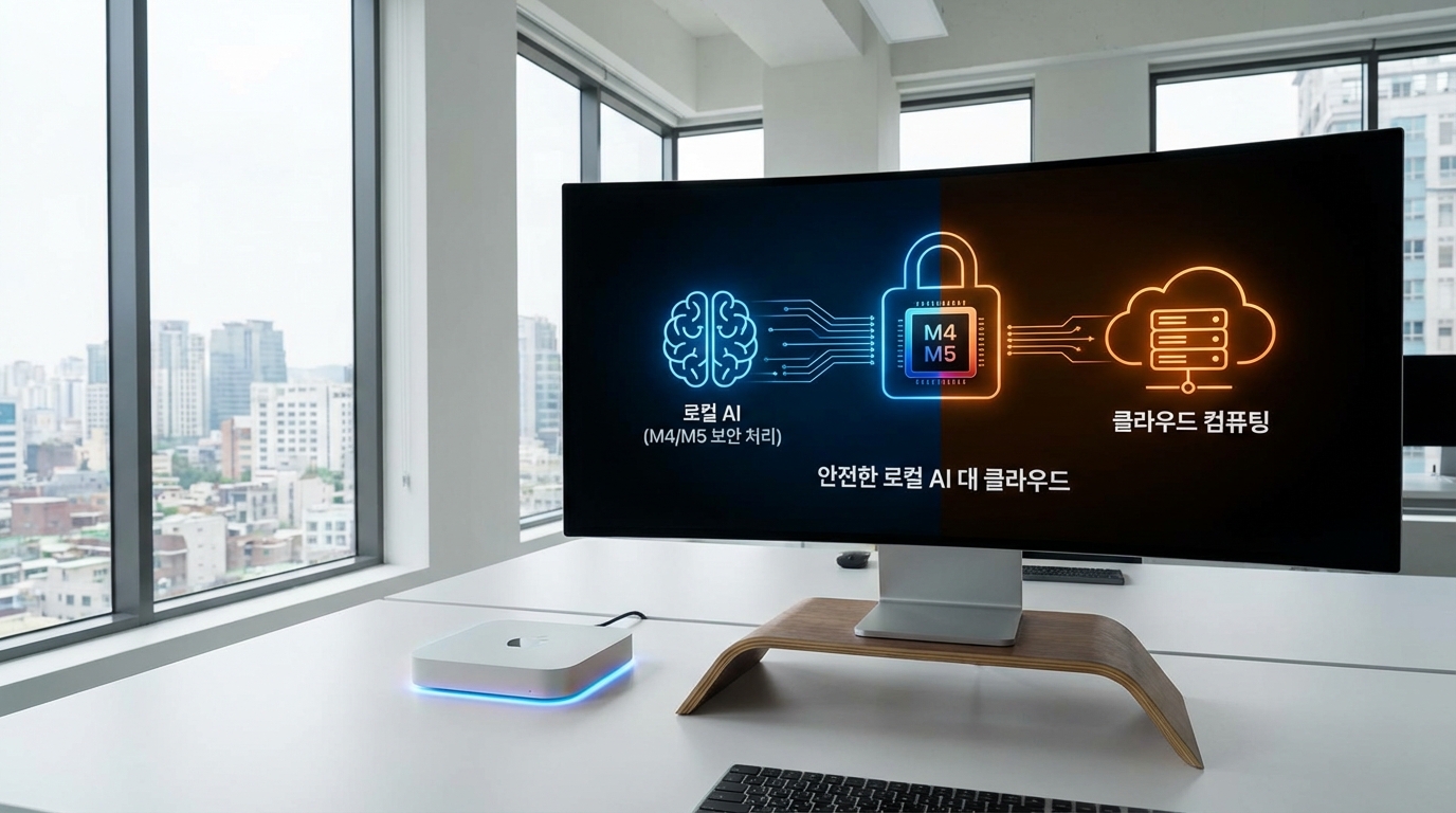 M4 및 M5 칩셋이 내장된 맥 미니를 활용한 로컬 AI 서버와 클라우드 AI 서비스 비교를 보여주는 이미지