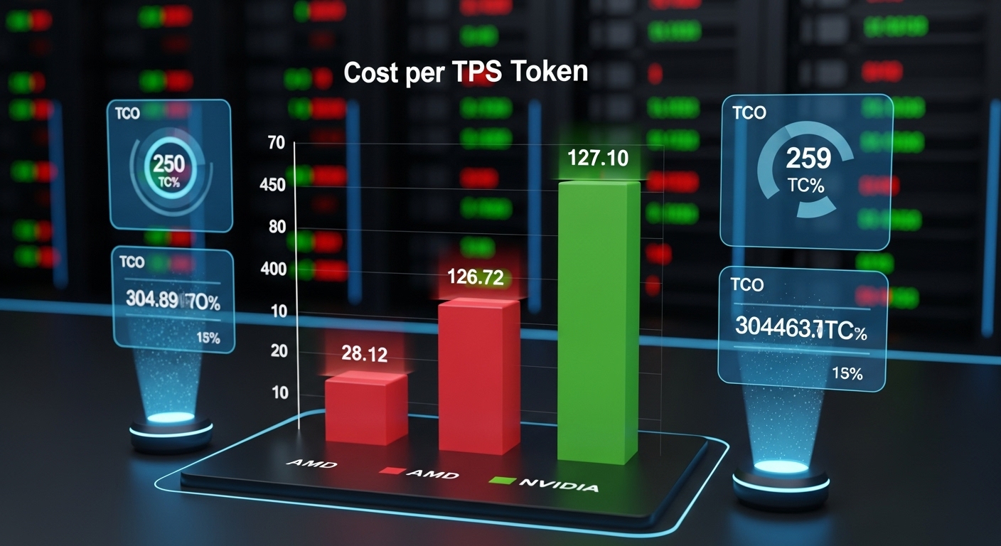토큰당 비용을 비교하며 AMD MI300X의 높은 비용 효율성을 보여주는 대시보드