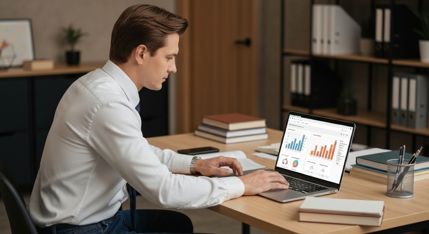 한국 소상공인이 사무실에서 회계 프로그램을 사용하며 시간과 비용을 절약하는 모습