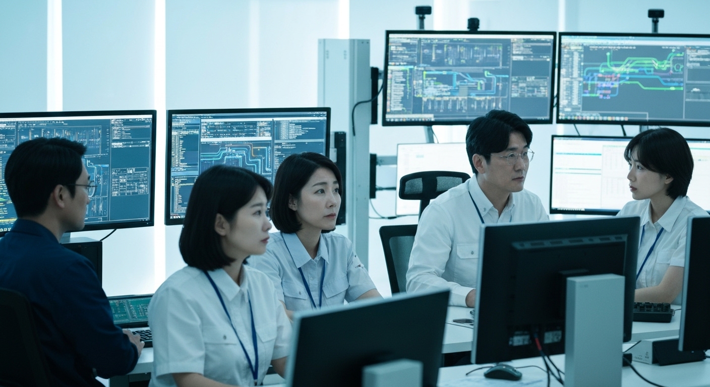 스마트팩토리 기술 및 데이터 보안을 위해 사이버 보안 전문가들이 모니터링하는 모습