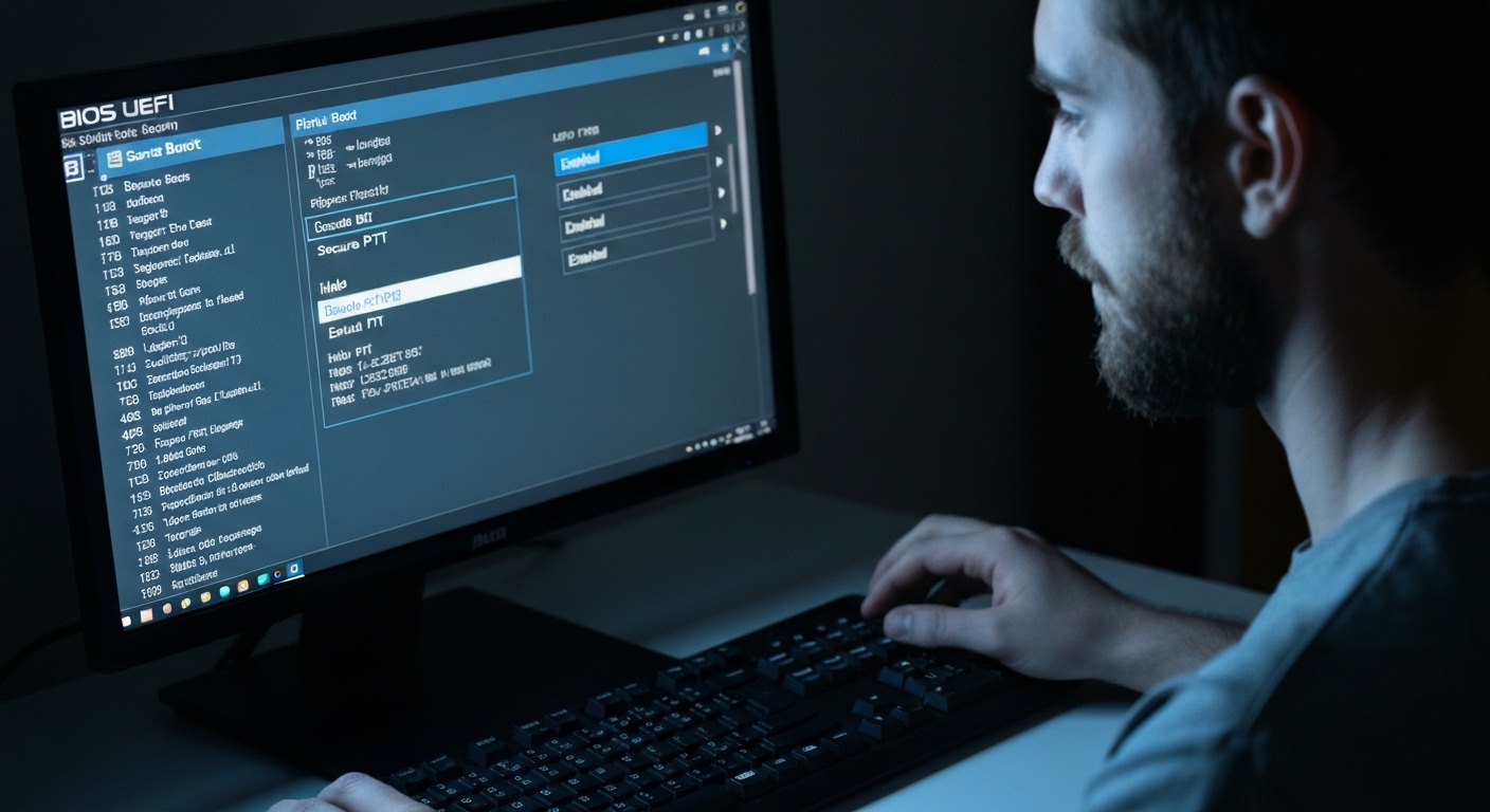 컴퓨터 BIOS 설정 화면에서 보안 부팅과 TPM을 활성화하는 모습