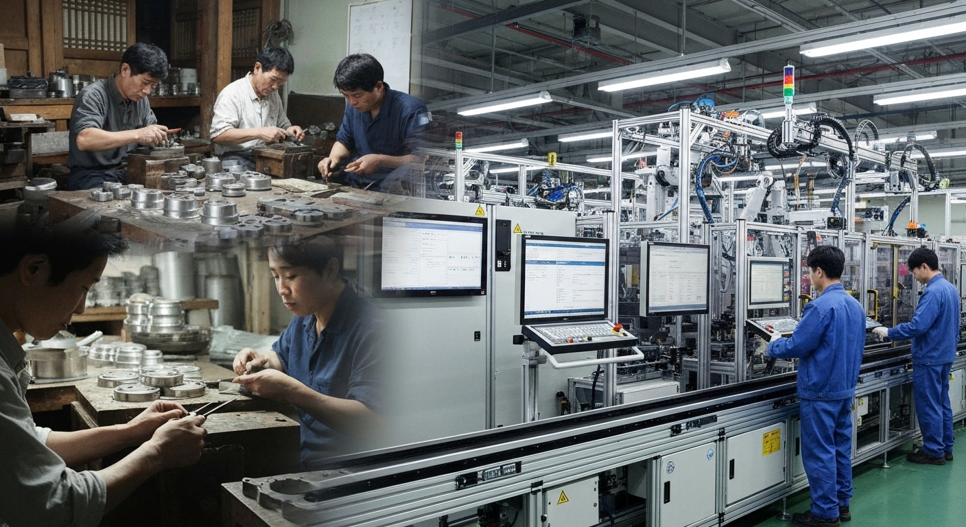 과거 수작업 제조와 최신 MES 시스템 활용 자동화 생산 라인의 대비