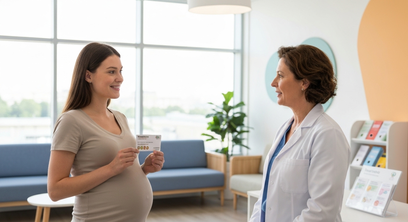 임산부가 바우처 카드를 들고 영양 상담을 받는 모습