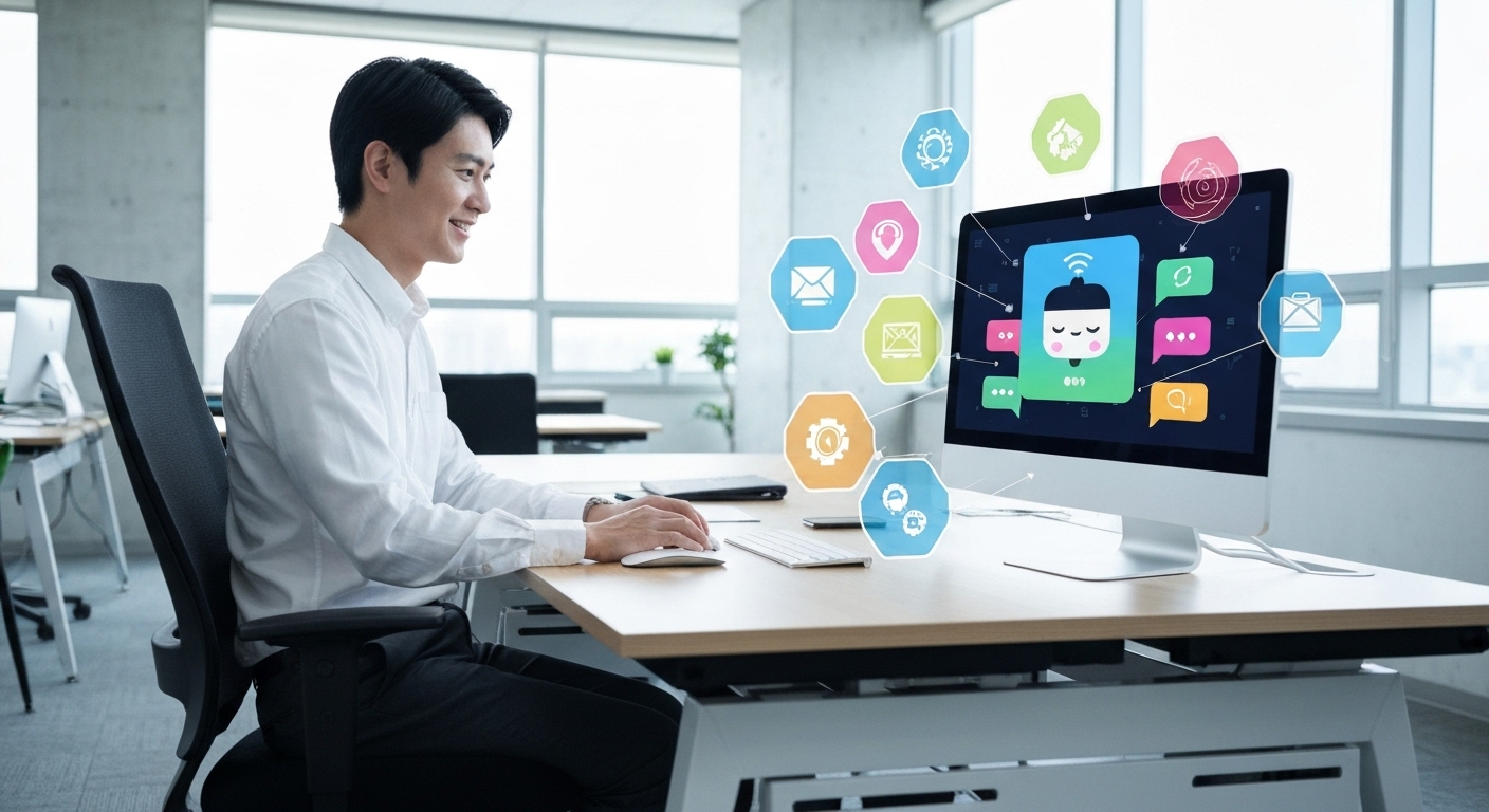 LLM 활용 분야와 AI 챗봇을 보여주는 사무실 풍경