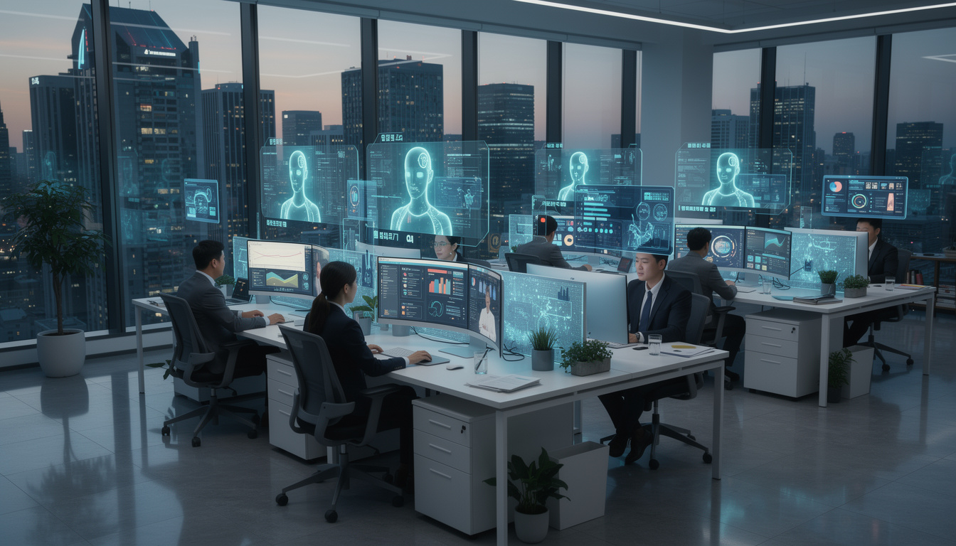 한국 사무실에서 AI 디지털 팀원이 직원들을 지원하는 미래 업무 환경