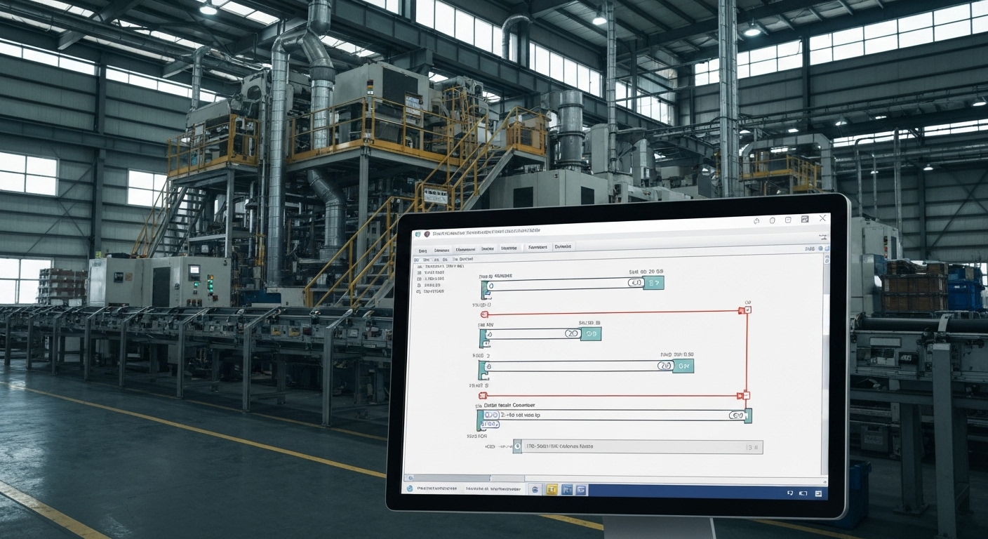 공장 배경의 컴퓨터 화면에 표시된 래더 로직 다이어그램