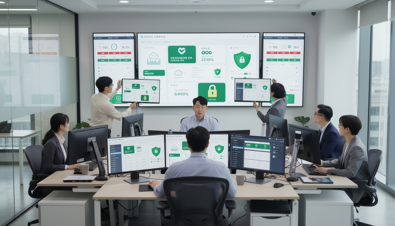 모던한 사무실에서 클라우드 그룹웨어 유지보수와 업데이트를 모니터링하는 한국 IT 팀의 모습