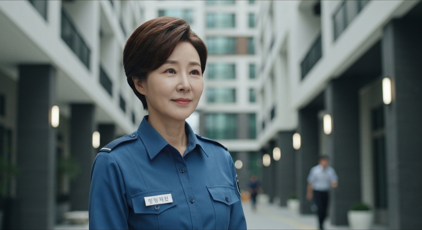 아파트나 빌딩에서 근무하는 한국 중장년 경비원 또는 시설 관리자 모습